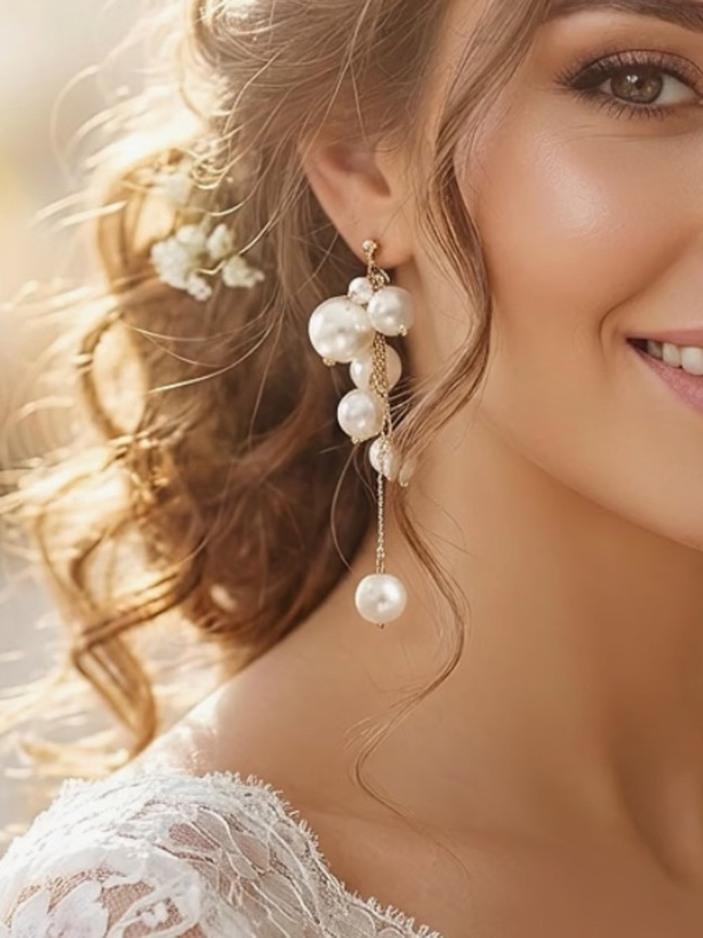 Anthropologie Gold Tone Pearl Cascade Drop Earrings in White